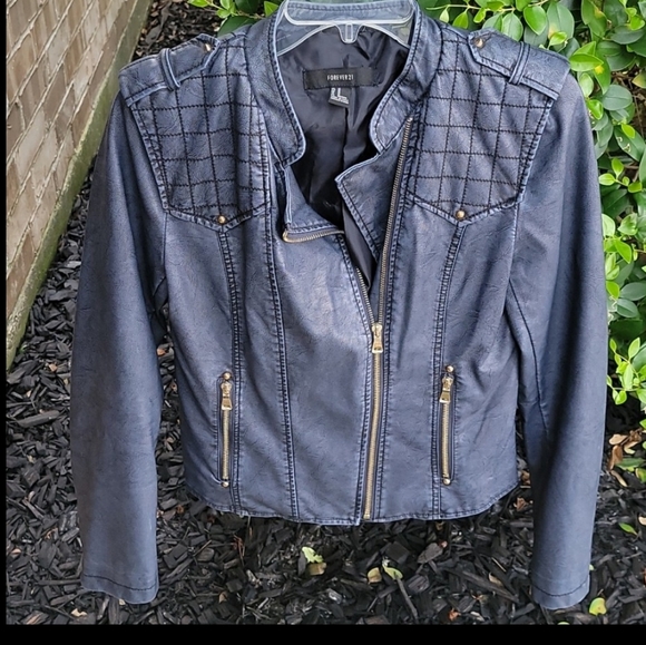 dark blue faux leather jacket